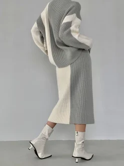 COMMENSE Miss Paris Stripe Two Piece Knit Skirt Set* Skirt Sets|Long Sleeve Sets