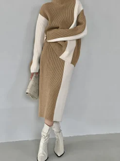 COMMENSE Miss Paris Stripe Two Piece Knit Skirt Set* Skirt Sets|Long Sleeve Sets