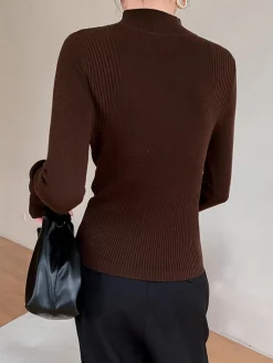 COMMENSE Mock Neck Breasted Slim Sweater* Sweater Tops|Sweaters & Cardigans