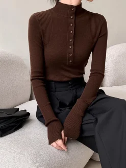 COMMENSE Mock Neck Breasted Slim Sweater* Sweater Tops|Sweaters & Cardigans