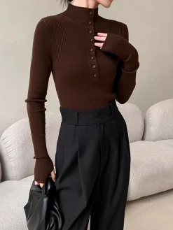 COMMENSE Mock Neck Breasted Slim Sweater* Sweater Tops|Sweaters & Cardigans
