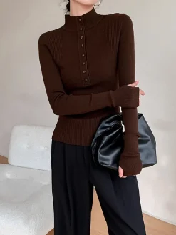 COMMENSE Mock Neck Breasted Slim Sweater* Sweater Tops|Sweaters & Cardigans