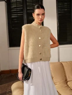 COMMENSE Mock Neck Button Fuzzy Vest* Outerwear|Vests