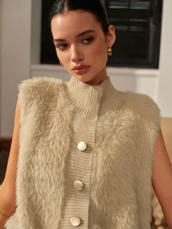 COMMENSE Mock Neck Button Fuzzy Vest* Outerwear|Vests