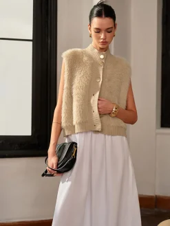 COMMENSE Mock Neck Button Fuzzy Vest* Outerwear|Vests