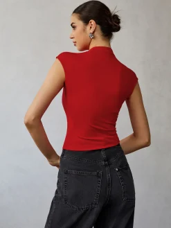 COMMENSE Mock Neck Cap Sleeve T-Shirt* T-shirts|Tops