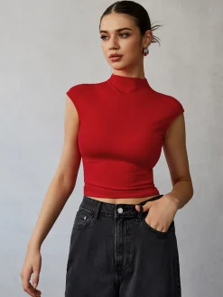 COMMENSE Mock Neck Cap Sleeve T-Shirt* T-shirts|Tops