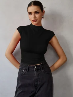 COMMENSE Mock Neck Cap Sleeve T-Shirt* T-shirts|Tops