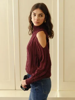 COMMENSE Mock Neck Cold-Shoulder Knit Top* Sweater Tops|Sweaters & Cardigans