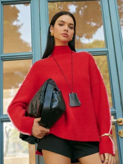 COMMENSE Mock Neck Contrast Binding Split Sweater* Knitwear|Tops