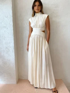 COMMENSE Mock Neck Cut Out Long Dress* White Dresses|Black Dresses