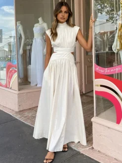 COMMENSE Mock Neck Cut Out Long Dress* White Dresses|Black Dresses