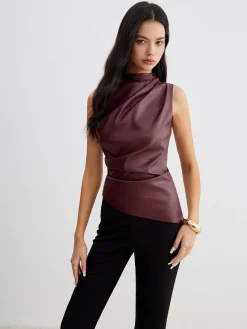COMMENSE Mock Neck Faux Leather Cinched Tank Top* Tank Tops & Camis|Tops