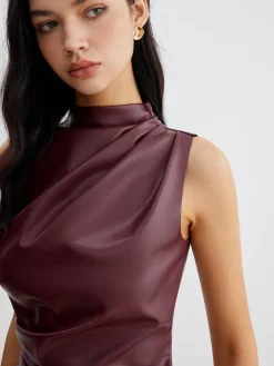 COMMENSE Mock Neck Faux Leather Cinched Tank Top* Tank Tops & Camis|Tops