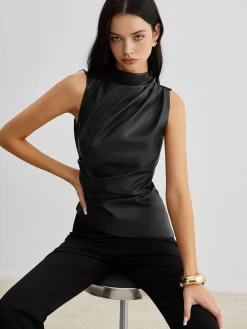 COMMENSE Mock Neck Faux Leather Cinched Tank Top* Tank Tops & Camis|Tops