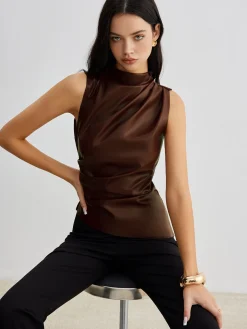 COMMENSE Mock Neck Faux Leather Cinched Tank Top* Tank Tops & Camis|Tops