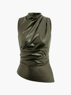 COMMENSE Mock Neck Faux Leather Cinched Tank Top* Tank Tops & Camis|Tops