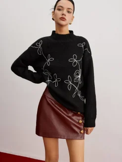 COMMENSE Mock Neck Floral Shift Sweater* Sweater Tops|Sweaters & Cardigans