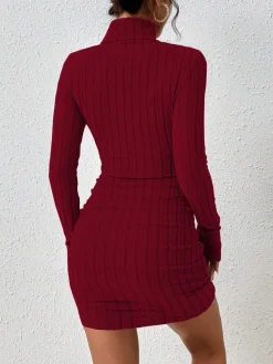 COMMENSE Mock Neck Hip-Covering Ribbed Dress* Casual Dresses|Work Dresses