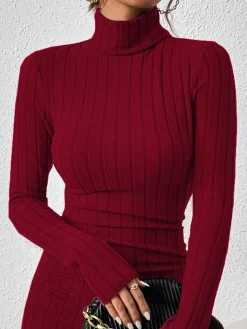 COMMENSE Mock Neck Hip-Covering Ribbed Dress* Casual Dresses|Work Dresses