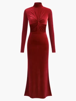 COMMENSE Mock Neck Knotted Velvet Dress* Cocktail & Party Dresses|Long Dresses