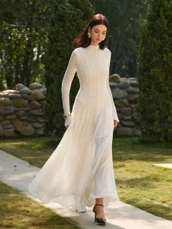 COMMENSE Mock Neck Lace Flowy Long Dress* Dresses