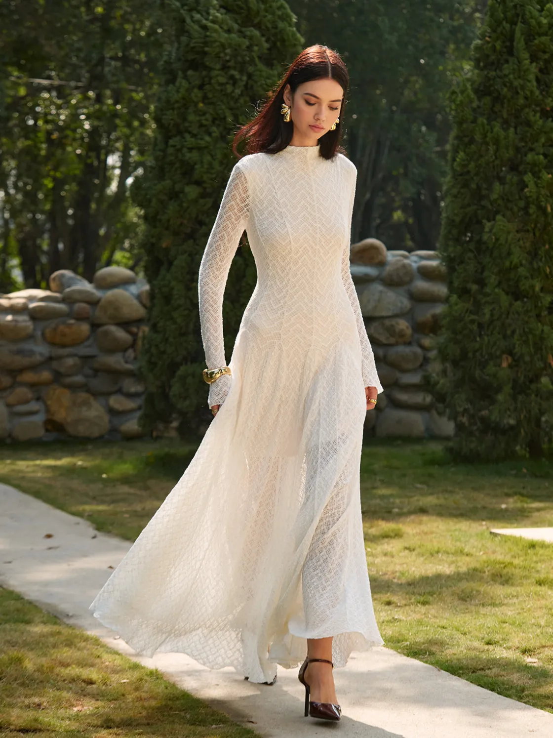 COMMENSE Mock Neck Lace Flowy Long Dress* Dresses