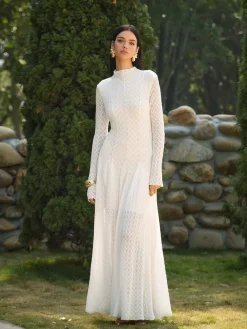 COMMENSE Mock Neck Lace Flowy Long Dress* Dresses