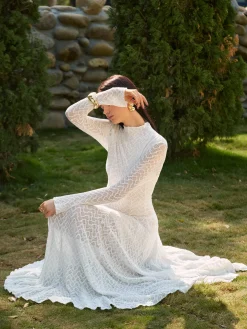 COMMENSE Mock Neck Lace Flowy Long Dress* Dresses