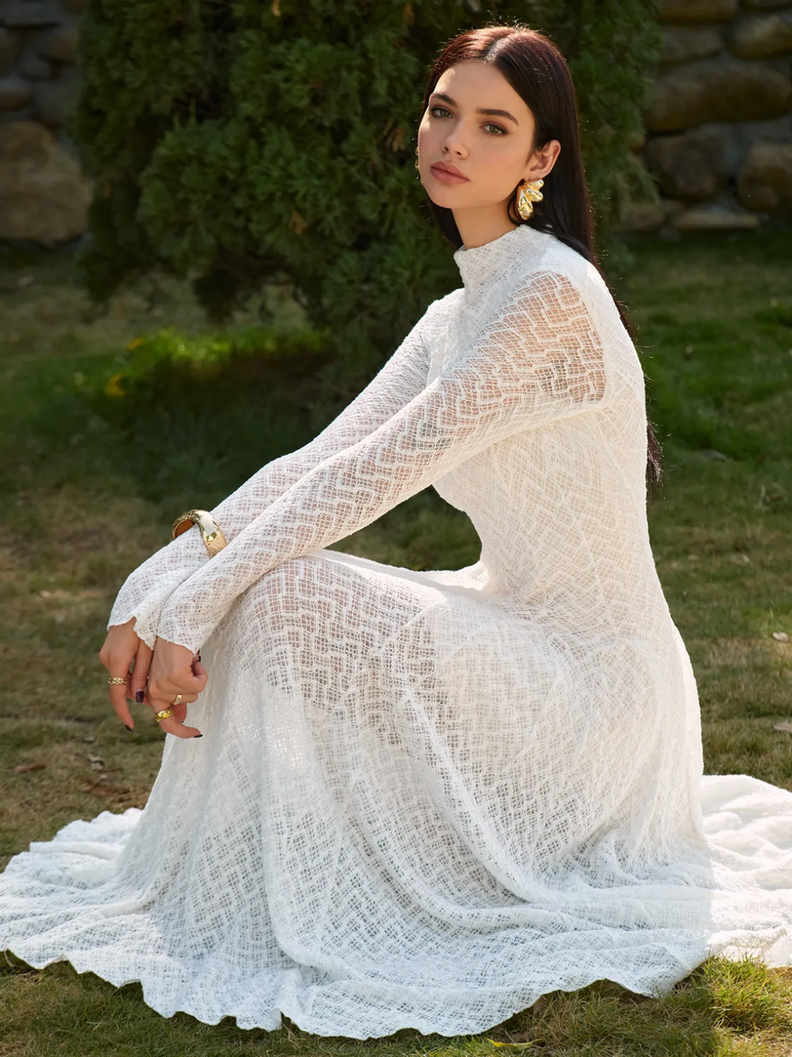 COMMENSE Mock Neck Lace Flowy Long Dress* Dresses