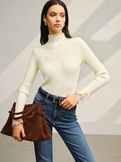 COMMENSE Mock Neck Lace Trim Slim Sweater* Sweater Tops|Sweaters & Cardigans