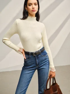 COMMENSE Mock Neck Lace Trim Slim Sweater* Sweater Tops|Sweaters & Cardigans