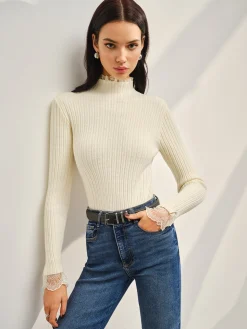 COMMENSE Mock Neck Lace Trim Slim Sweater* Sweater Tops|Sweaters & Cardigans
