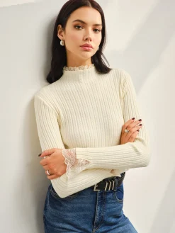 COMMENSE Mock Neck Lace Trim Slim Sweater* Sweater Tops|Sweaters & Cardigans