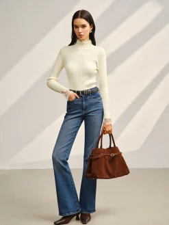 COMMENSE Mock Neck Lace Trim Slim Sweater* Sweater Tops|Sweaters & Cardigans