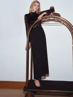 COMMENSE Mock Neck Lace Zipper Dress* Black Dresses|Casual Dresses
