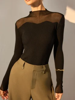 COMMENSE Mock Neck Mesh Panel Slim Sweater* Sweater Tops|Sweaters & Cardigans