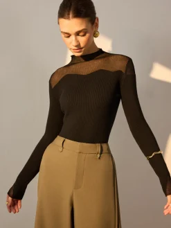 COMMENSE Mock Neck Mesh Panel Slim Sweater* Sweater Tops|Sweaters & Cardigans