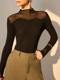 COMMENSE Mock Neck Mesh Panel Slim Sweater* Sweater Tops|Sweaters & Cardigans