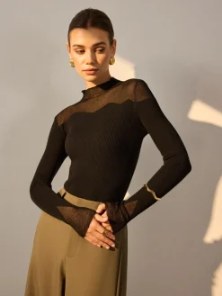 COMMENSE Mock Neck Mesh Panel Slim Sweater* Sweater Tops|Sweaters & Cardigans