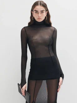 COMMENSE Mock Neck Mesh Thin T-Shirt* T-shirts|Matching Sets