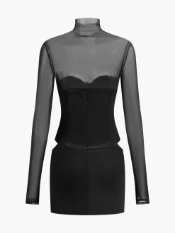 COMMENSE Mock Neck Mesh-Detail Short Dress* Dresses