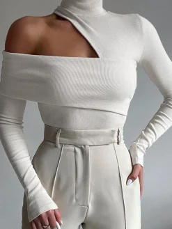 COMMENSE Mock Neck Oblique Cutout Rib Long Sleeve Knit Top* Sweater Tops|T-shirts