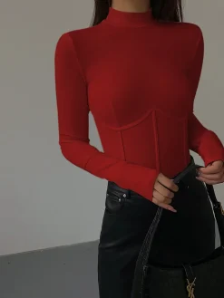 COMMENSE Mock Neck Piping Slim T-Shirt* T-shirts|Tops