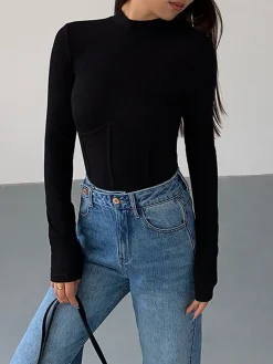 COMMENSE Mock Neck Piping Slim T-Shirt* T-shirts|Tops