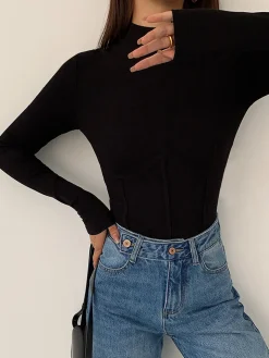COMMENSE Mock Neck Piping Slim T-Shirt* T-shirts|Tops