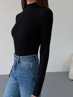 COMMENSE Mock Neck Piping Slim T-Shirt* T-shirts|Tops