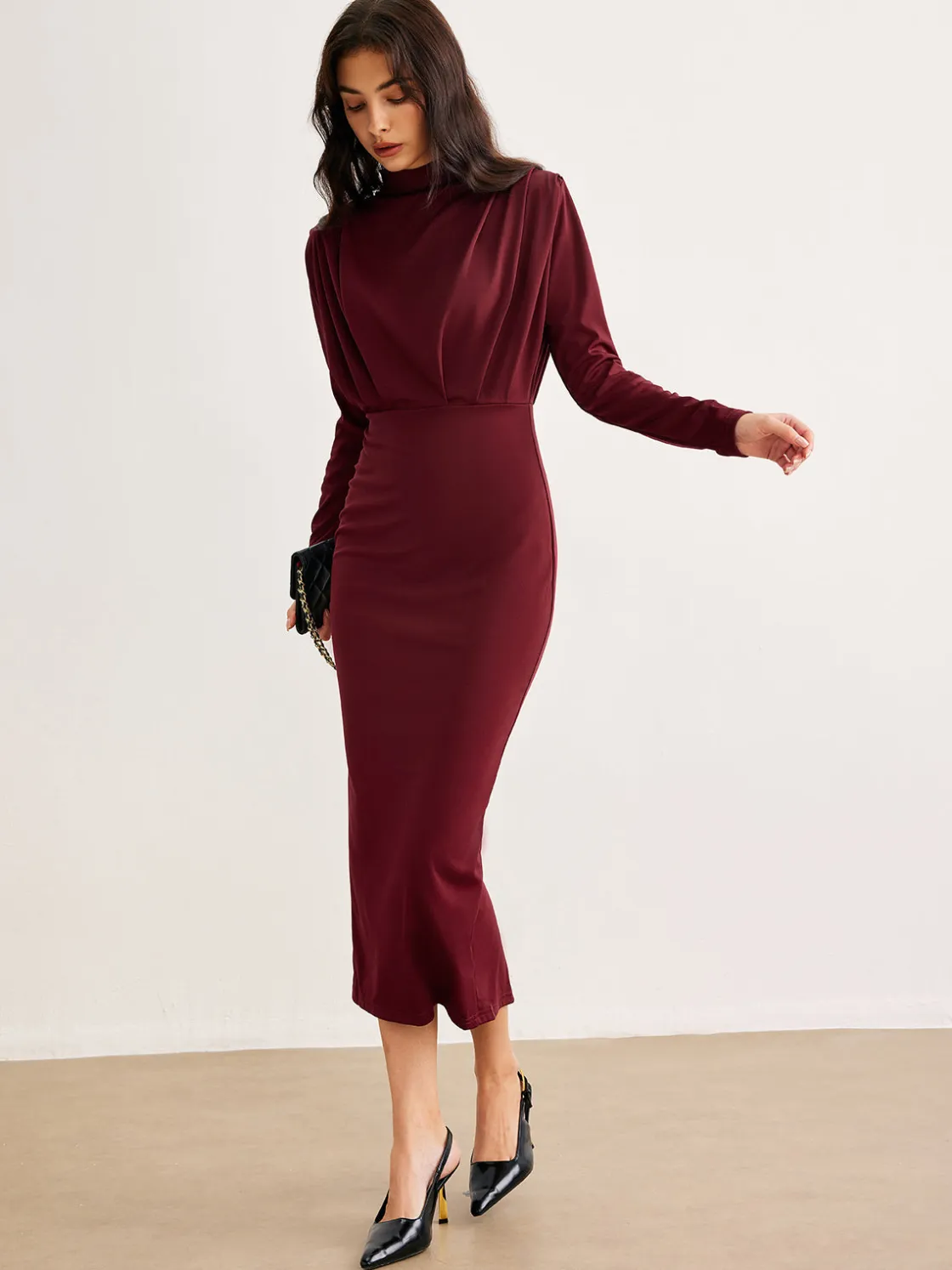 COMMENSE Mock Neck Pleated Jersey Dress* Black Dresses|Casual Dresses