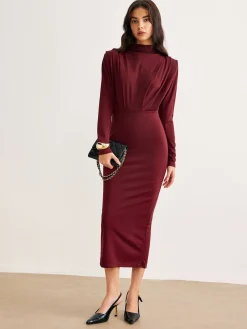 COMMENSE Mock Neck Pleated Jersey Dress* Black Dresses|Casual Dresses