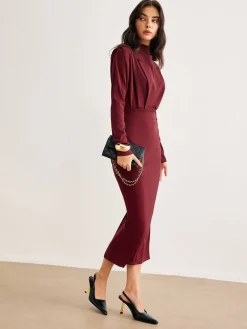 COMMENSE Mock Neck Pleated Jersey Dress* Black Dresses|Casual Dresses